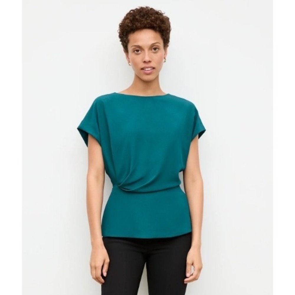 M.M.LaFleur The Nejvi Top in Mineral Blue Teal Drape Peplum Blouse Minimalist XL
